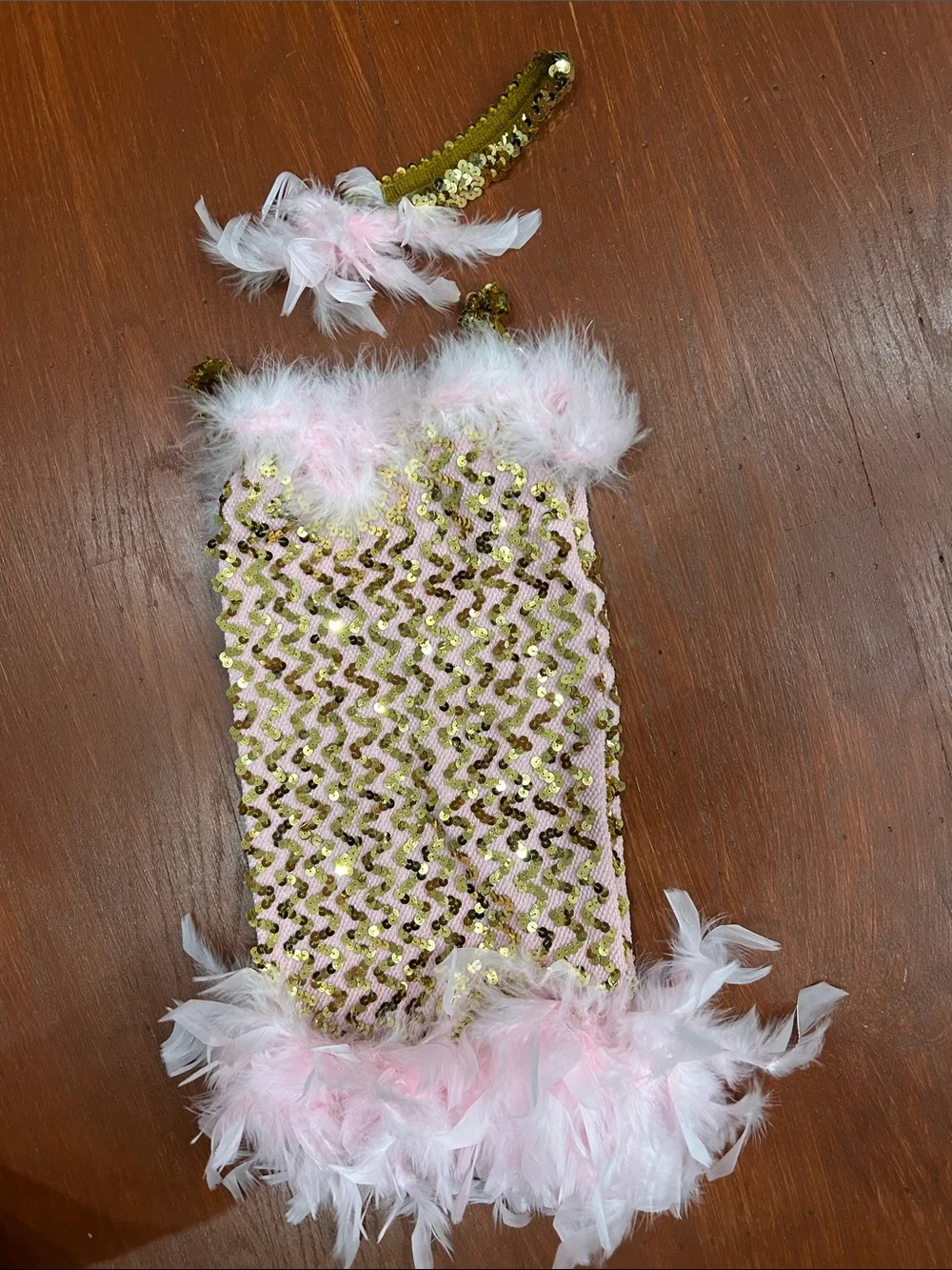 Sequin Feathered Kids Dress& headband Set - Pink and Gold